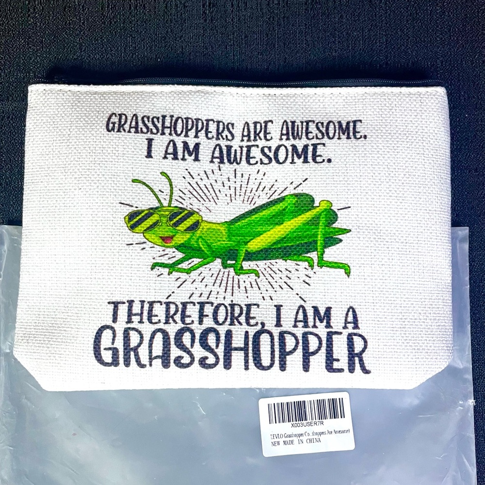 Awesome Grasshopper Zipper Pouch White Canvas Vibrant Green Hopper w/Shades NWT
